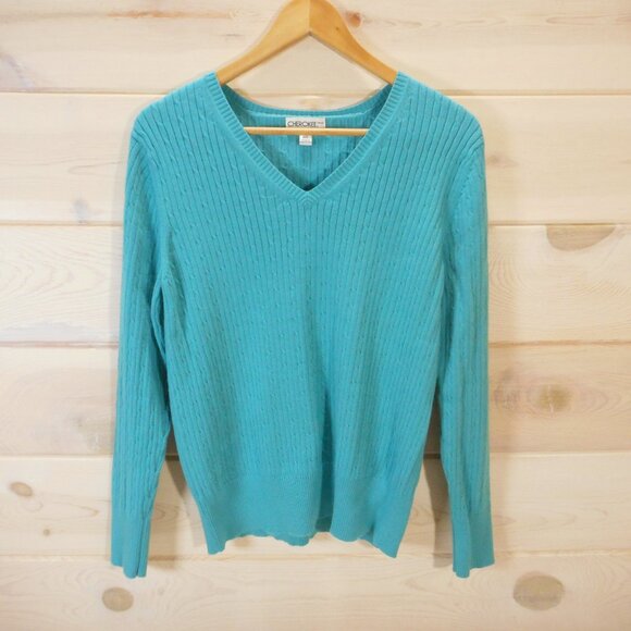 Cherokee Womens size XXL Cable knit Sweater Teal Aqua Blue V-neck - Picture 1 of 9